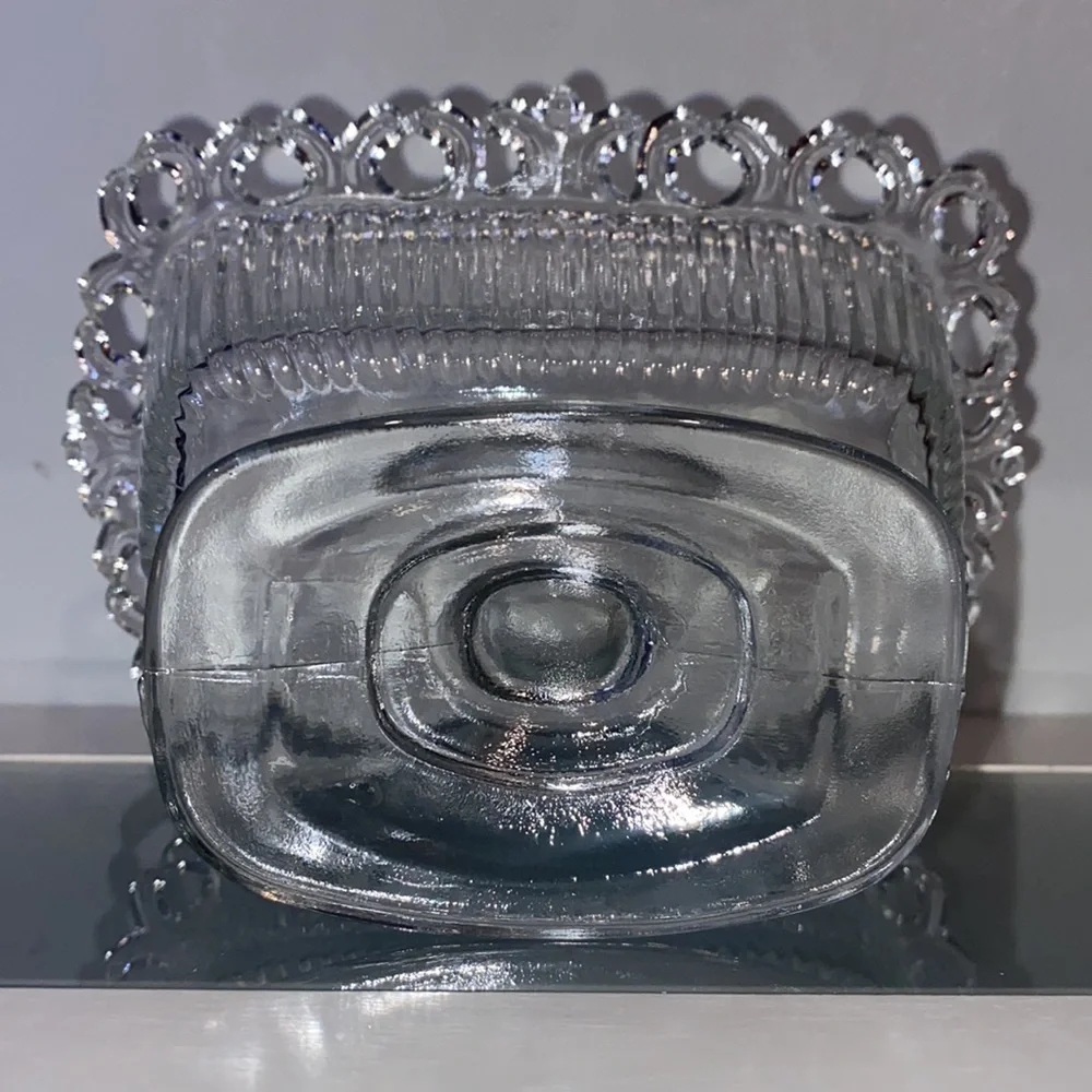 Vintage Indiana Glass Clear Lace Edge Pedestal Candy Bowl with Lid